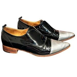GEKKE Slipper Bun Black Patent Leather Metallic Silver Leather Oxford Loafers W7